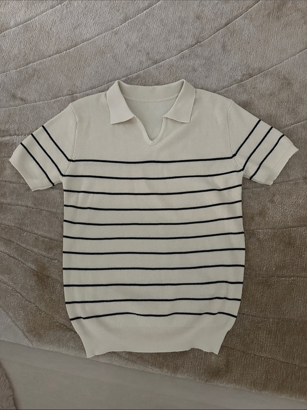 Men's Cream Short-Sleeve Polo Knit with Navy Stripes